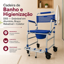 Cadeira de Banho e Higienização D55 — Dobrável em Alumínio, Braço Rebatível + Coletor | Ultra Leve e Segura 135kg